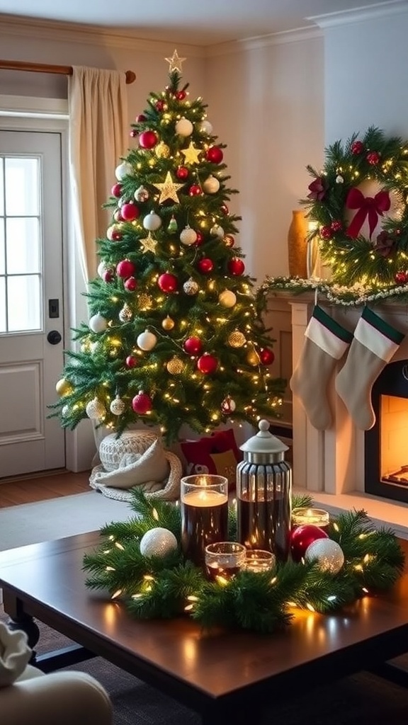 A festive living room with a Christmas tree, DIY decorations, and a cozy atmosphere.